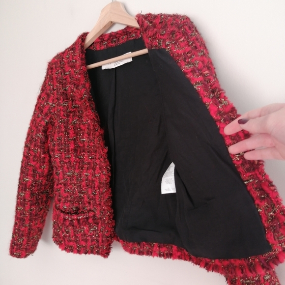 IRO Disco Frayed Metallic Bouclé-Tweed Blazer Jacket Red Wool Open Front 34 2 US - Picture 7 of 17